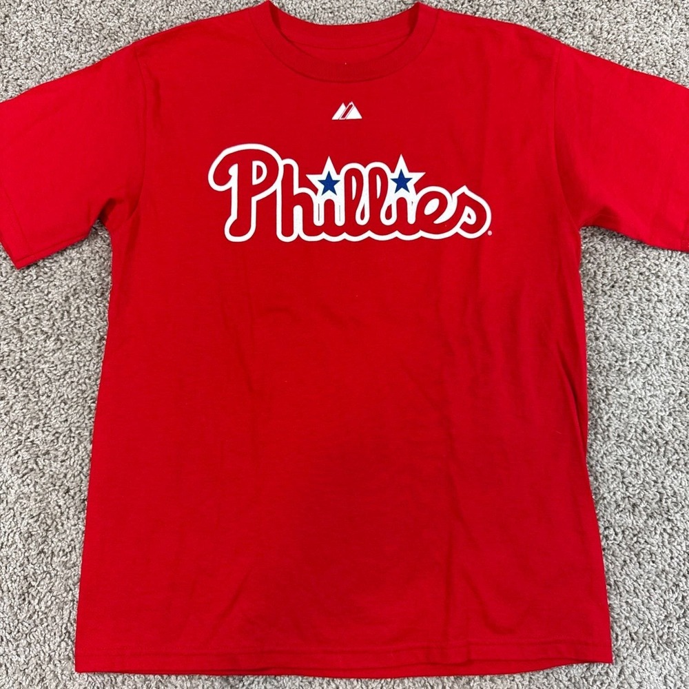 Majestic Phillies Carlos Ruiz Chooch 51 Youth Large Red MLB Shirt Tee EUC